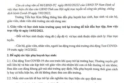 Thông báo KH tổ chức đón học sinh quay trở lại trường học trực tiếp sau Tết Nguyên đán Nhâm Dần 2022 của trường Tiểu học Kim Đồng
