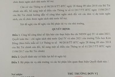 Công khai báo cáo thực hiện dự toán thu chi NSNN quý  IV và năm 2021; Quyết toán thu – chi NSNN quý IV và năm 2021 của trường TIểu học Kim Đồng