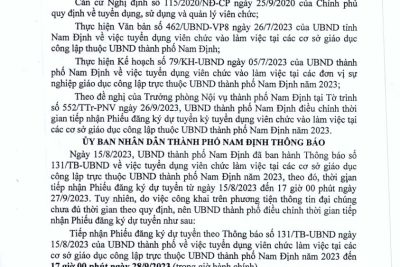 Trường TH Kim Đồng Thông báo điều chỉnh thời gian nhận Phiếu đăng ký dự tuyển kỳ tuyển dụng viên chức làm việc tại các cơ sở giáo dục công lập trực thuộc UBND thành phố Nam Định năm 2023